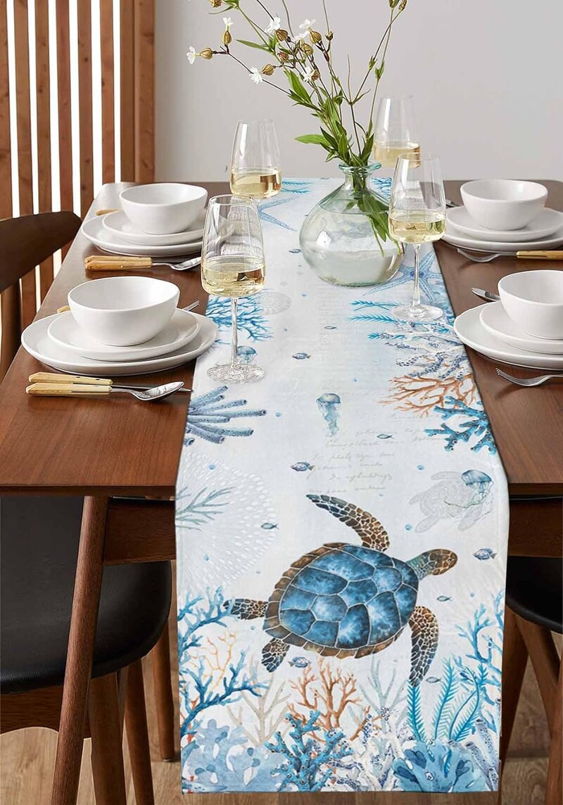 Vasaros jūrinio koralinio jūros vėžlio skalbiniai Stalo bėgikai Kombinezonas Šalikas Daugkartinis sodybos virtuvės Valgomojo stalo bėgikai Vakarėlio dekoras