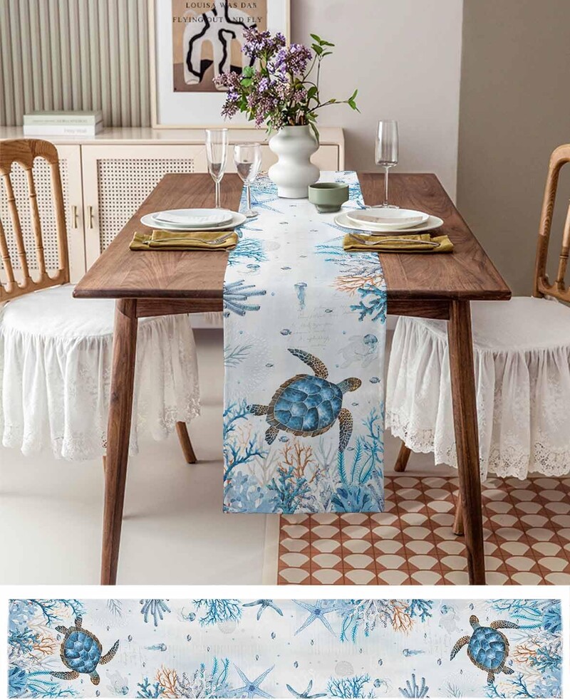 Vasaros jūrinio koralinio jūros vėžlio skalbiniai Stalo bėgikai Kombinezonas Šalikas Daugkartinis sodybos virtuvės Valgomojo stalo bėgikai Vakarėlio dekoras