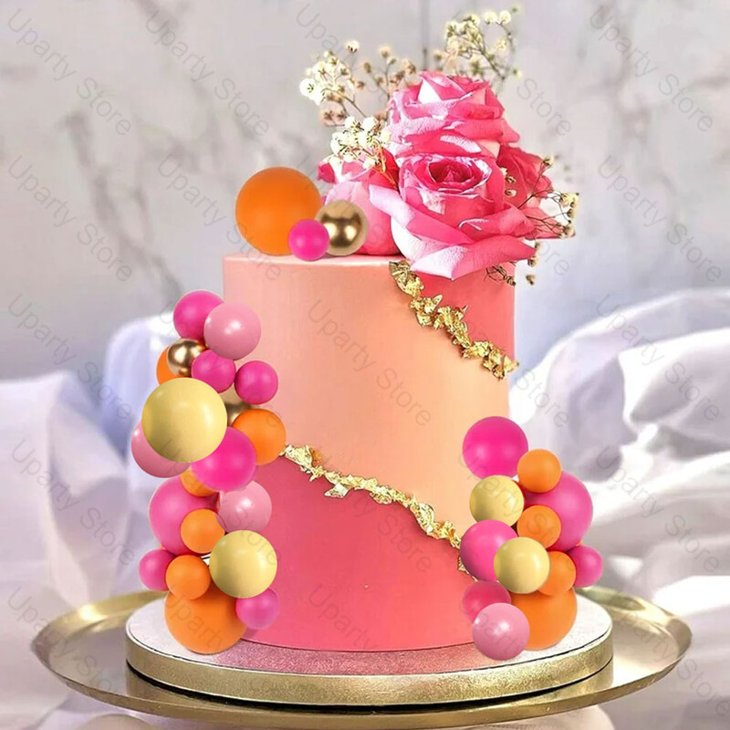 60 vnt. Hot Pink Orange Balls torto apmušalai 2–4 cm geltonos oranžinės rožės rožinės spalvos torto rutuliukai, skirti nuotakos gimtadienio proga papuošti vestuvinį tortą
