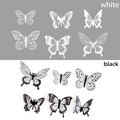 12vnt juodos ir baltos drugelių kepurės, gimtadienio torto kepurės, 3D drugelių popierinės torto kepurės, drugelių gimtadienio torto dekoracijos