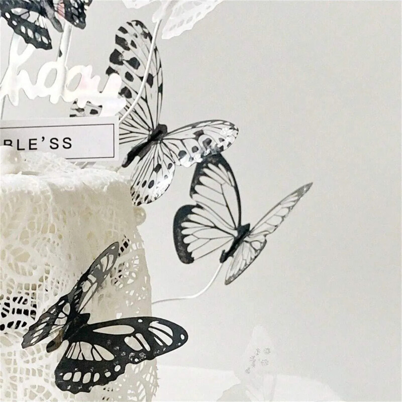 12vnt juodos ir baltos drugelių kepurės, gimtadienio torto kepurės, 3D drugelių popierinės torto kepurės, drugelių gimtadienio torto dekoracijos