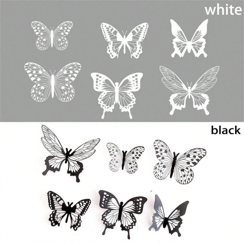 12vnt juodos ir baltos drugelių kepurės, gimtadienio torto kepurės, 3D drugelių popierinės torto kepurės, drugelių gimtadienio torto dekoracijos