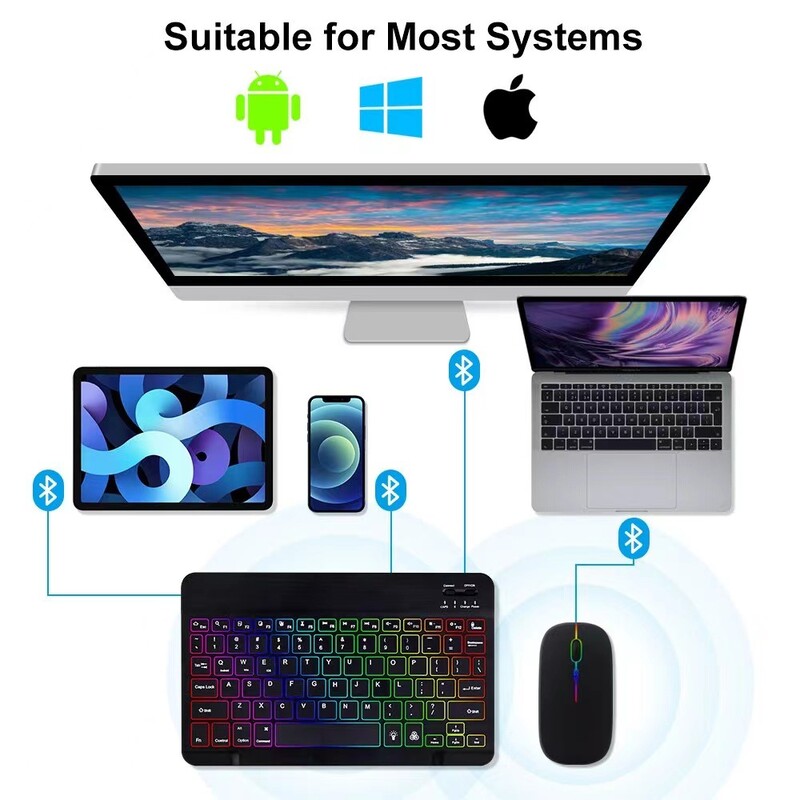 10-palcová bezdrôtová klávesnica a myš Bluetooth klávesnica LED španielska ruská nabíjateľná podsvietená klávesnica pre iPad tablet telefón