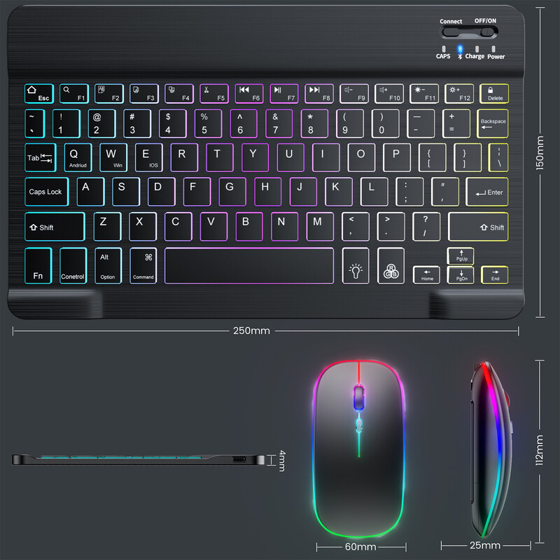 10-palcová bezdrôtová klávesnica a myš Bluetooth klávesnica LED španielska ruská nabíjateľná podsvietená klávesnica pre iPad tablet telefón