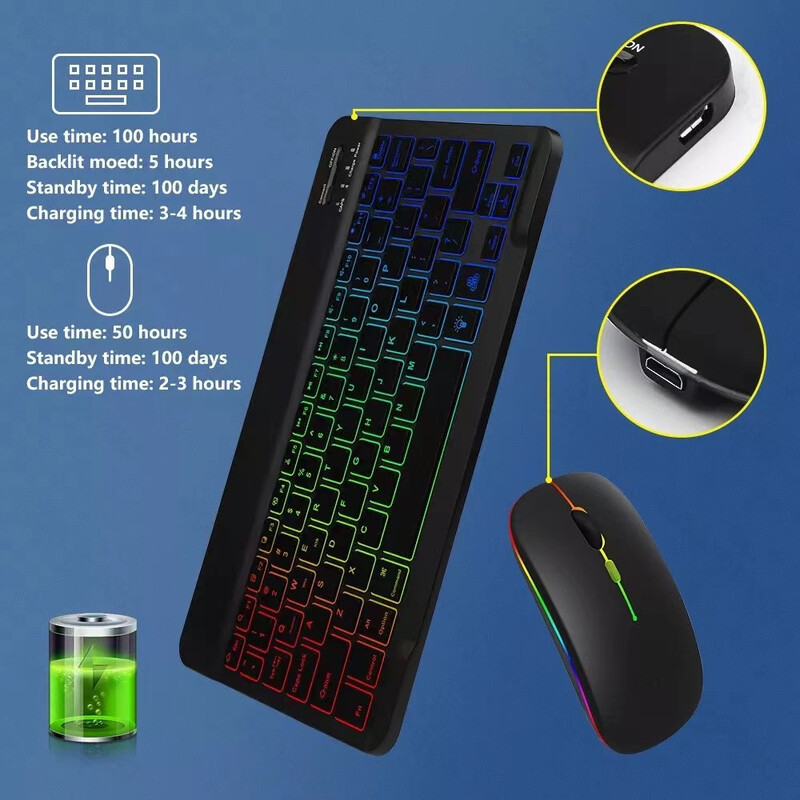 10-palcová bezdrôtová klávesnica a myš Bluetooth klávesnica LED španielska ruská nabíjateľná podsvietená klávesnica pre iPad tablet telefón