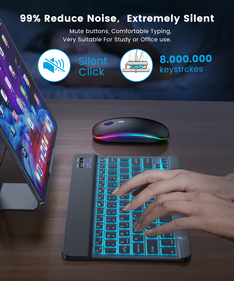 10-palcová bezdrôtová klávesnica a myš Bluetooth klávesnica LED španielska ruská nabíjateľná podsvietená klávesnica pre iPad tablet telefón