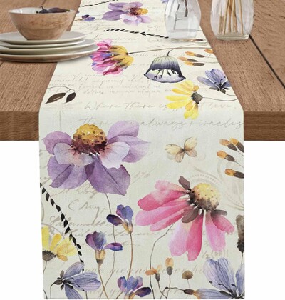 Ανοιξιάτικο μωβ λινό Τραπέζι Runners Summer Flowers Βοτανικό Vintage Διακόσμηση Τραπεζαρίας Αγροικία Εορταστική διακόσμηση γάμου