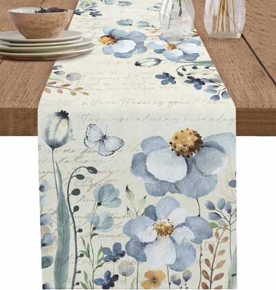 Ανοιξιάτικο μωβ λινό Τραπέζι Runners Summer Flowers Βοτανικό Vintage Διακόσμηση Τραπεζαρίας Αγροικία Εορταστική διακόσμηση γάμου