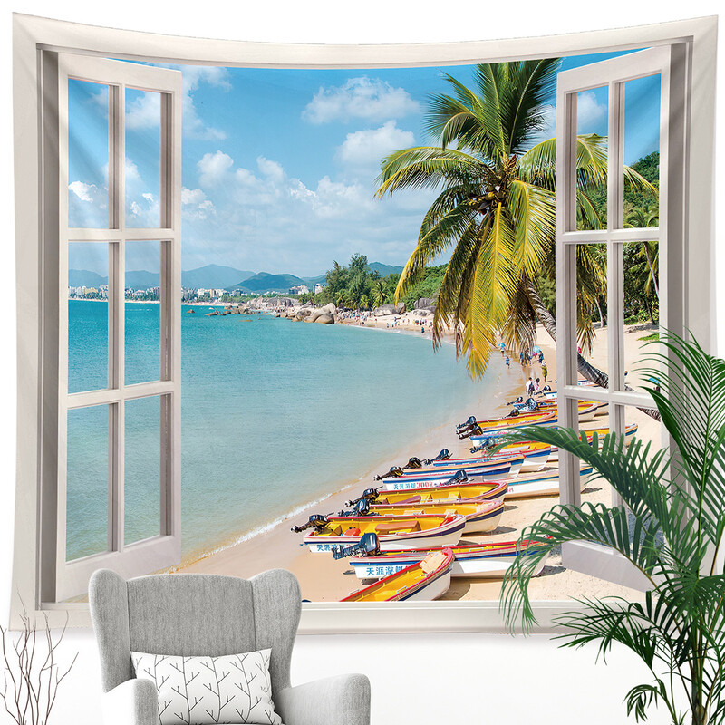 Παράθυρο απομίμησης Τοπίο Ταπετσαρία τοίχου Κρεμαστά τροπικά δέντρα Ταπετσαρίες τέχνης Διακόσμηση σπιτιού Sea Sunrise Dorm