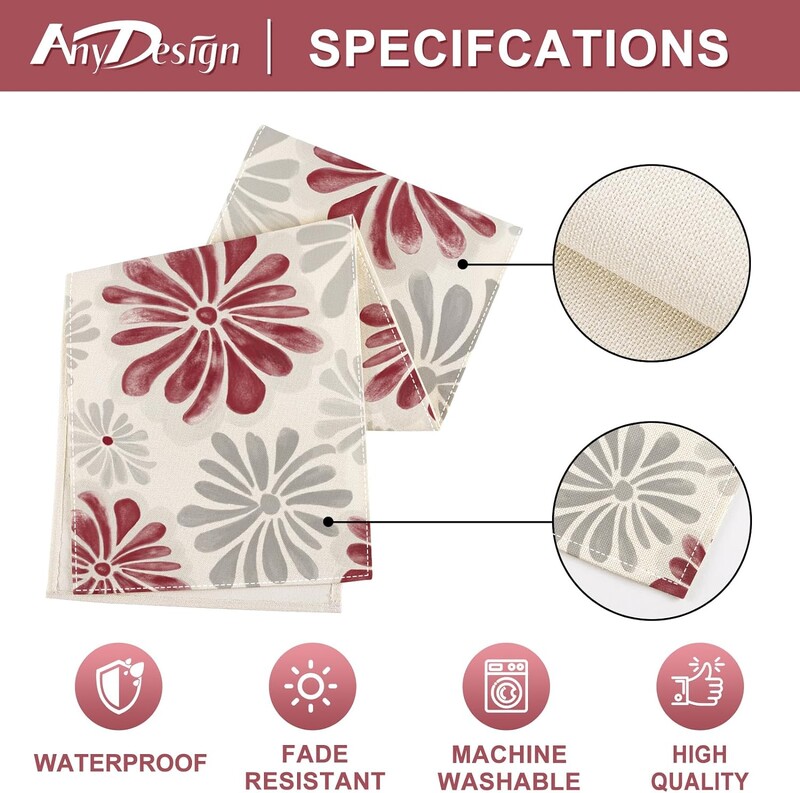 Akvarelė Raudonos pilkos gėlės Lininiai stalo bėgikai Gėlėti kombainai Šalikai Stalo dekoras Virtuvės valgomojo stalo dekoras Vestuvių vakarėlio dekoras