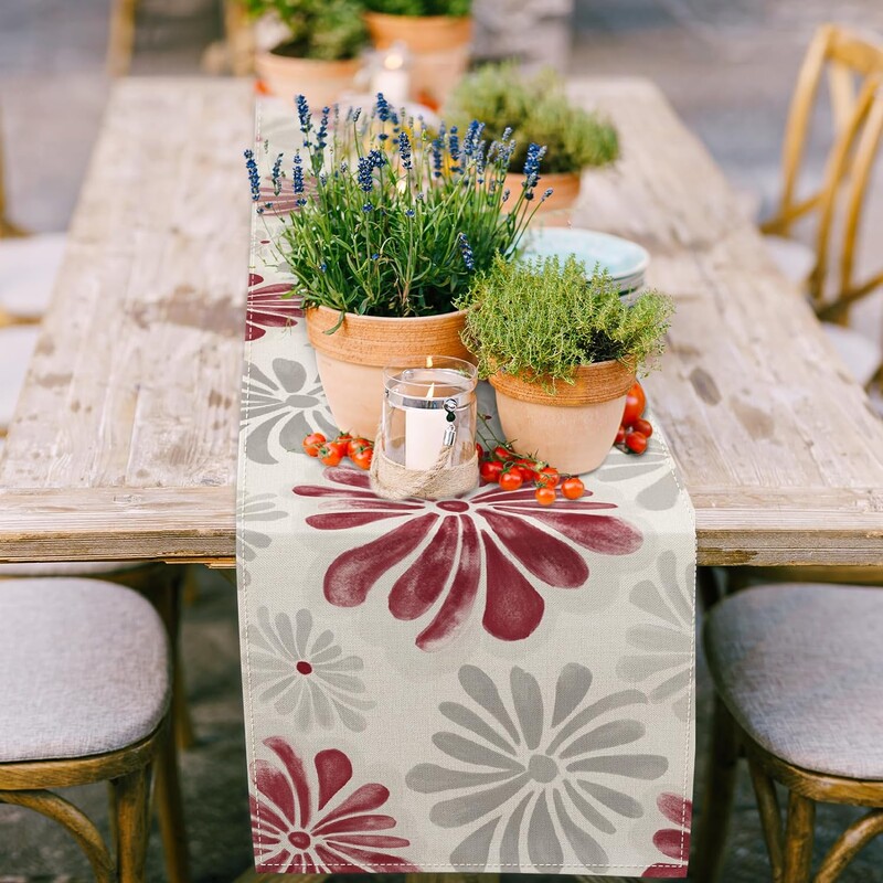 Akvarelė Raudonos pilkos gėlės Lininiai stalo bėgikai Gėlėti kombainai Šalikai Stalo dekoras Virtuvės valgomojo stalo dekoras Vestuvių vakarėlio dekoras