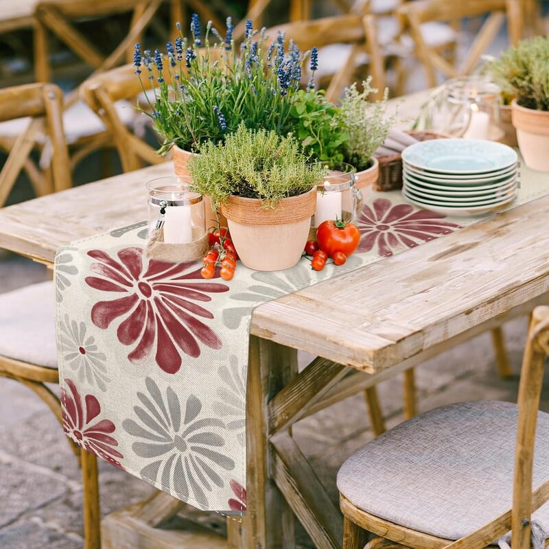 Akvarelė Raudonos pilkos gėlės Lininiai stalo bėgikai Gėlėti kombainai Šalikai Stalo dekoras Virtuvės valgomojo stalo dekoras Vestuvių vakarėlio dekoras