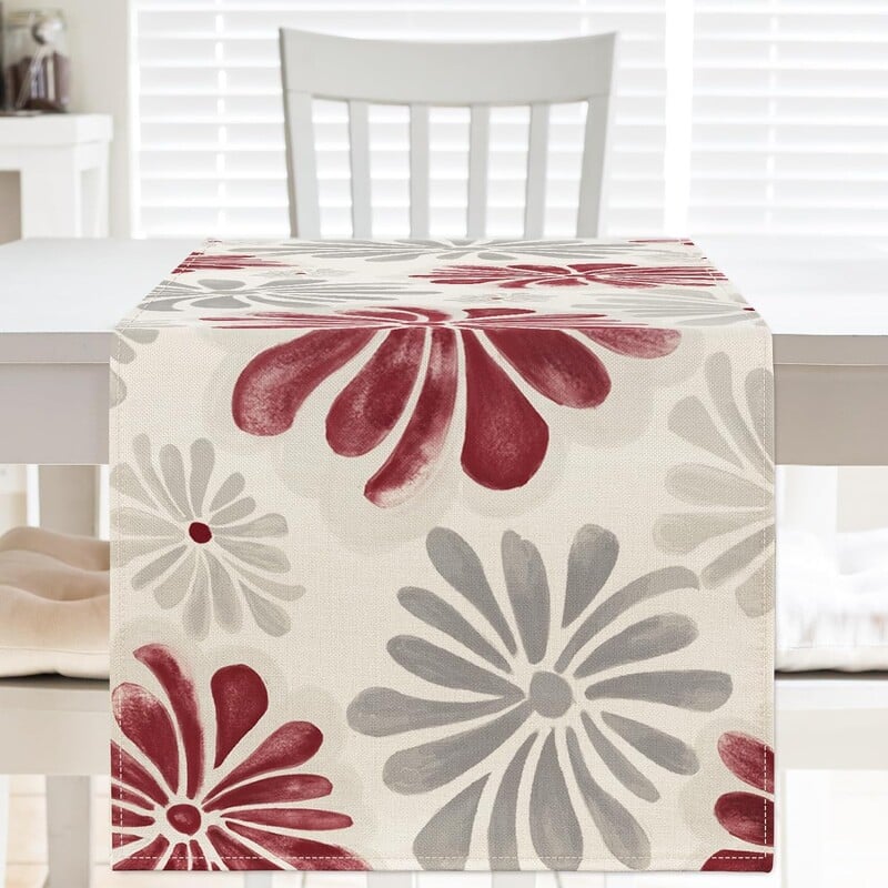 Akvarelė Raudonos pilkos gėlės Lininiai stalo bėgikai Gėlėti kombainai Šalikai Stalo dekoras Virtuvės valgomojo stalo dekoras Vestuvių vakarėlio dekoras