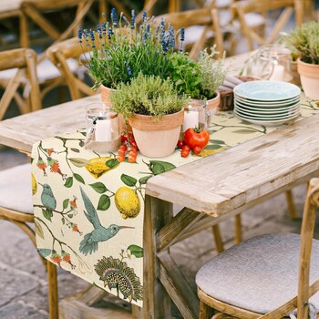 Blue Bird Lemon Tree Printed Len Table Runners Καλοκαίρι Φθινόπωρο Εποχιακή κομοδίνα Κασκόλ Διακόσμηση σπιτιού Διακόσμηση τραπεζιού για γιορτινό πάρτι γάμου