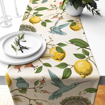 Blue Bird Lemon Tree Printed Len Table Runners Καλοκαίρι Φθινόπωρο Εποχιακή κομοδίνα Κασκόλ Διακόσμηση σπιτιού Διακόσμηση τραπεζιού για γιορτινό πάρτι γάμου