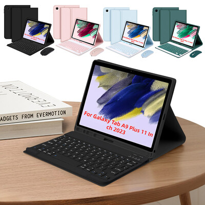 За Samsung Galaxy Tab A9+ 11-инчов калъф с Bluetooth-съвместима клавиатура с капак с държач за молив, кожена фолио с мишка
