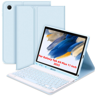 Za Samsung Galaxy Tab A9+ 11 inčna torbica s tipkovnicom kompatibilnom s Bluetoothom i držačem za olovke, kožna folija s mišem