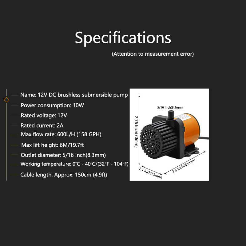 12 V vee väike sukelpump, 5/16 tolline väljalaskeava vaikne alalisvoolu harjadeta pump, sobib akvaariumi purskkaevu basseini vannile