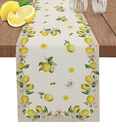 Vasaros citrinos lapai gėlės Lininiai stalo bėgiai Virtuvės stalo apdaila Sodybos valgomojo staltiesė Vestuvių vakarėlio dekoravimas