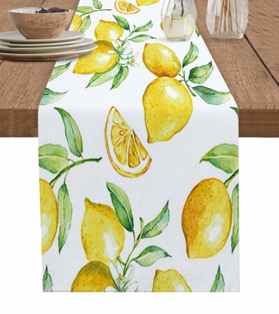 Vasaros citrinos lapai gėlės Lininiai stalo bėgiai Virtuvės stalo apdaila Sodybos valgomojo staltiesė Vestuvių vakarėlio dekoravimas