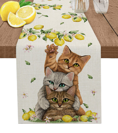 Vasaros citrinos lapai gėlės Lininiai stalo bėgiai Virtuvės stalo apdaila Sodybos valgomojo staltiesė Vestuvių vakarėlio dekoravimas