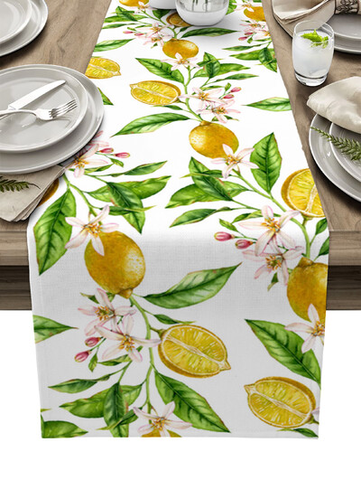 Vasaros citrinos lapai gėlės Lininiai stalo bėgiai Virtuvės stalo apdaila Sodybos valgomojo staltiesė Vestuvių vakarėlio dekoravimas