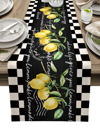 Vasaros citrinos lapai gėlės Lininiai stalo bėgiai Virtuvės stalo apdaila Sodybos valgomojo staltiesė Vestuvių vakarėlio dekoravimas