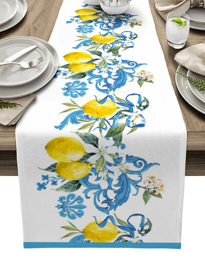 Vasaros citrinos lapai gėlės Lininiai stalo bėgiai Virtuvės stalo apdaila Sodybos valgomojo staltiesė Vestuvių vakarėlio dekoravimas