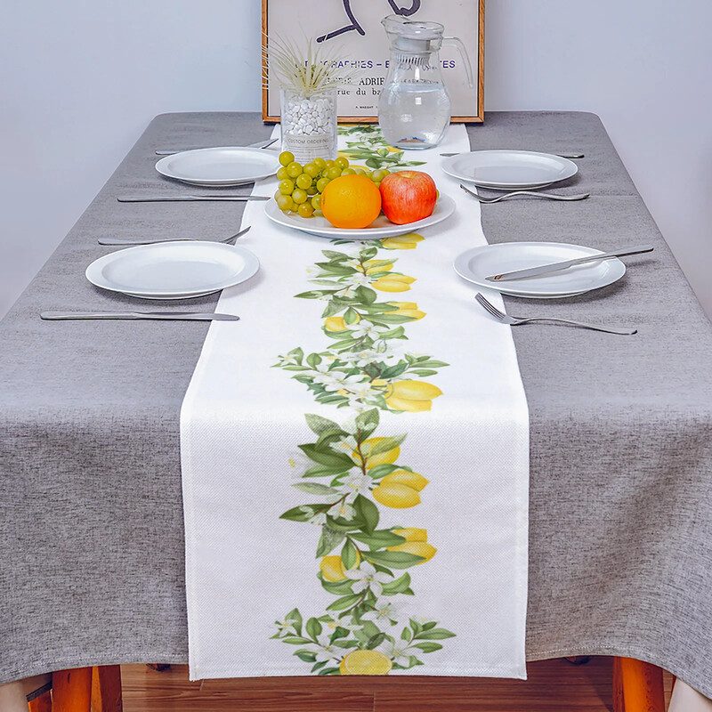 Vasaros citrinos lapai gėlės Lininiai stalo bėgiai Virtuvės stalo apdaila Sodybos valgomojo staltiesė Vestuvių vakarėlio dekoravimas