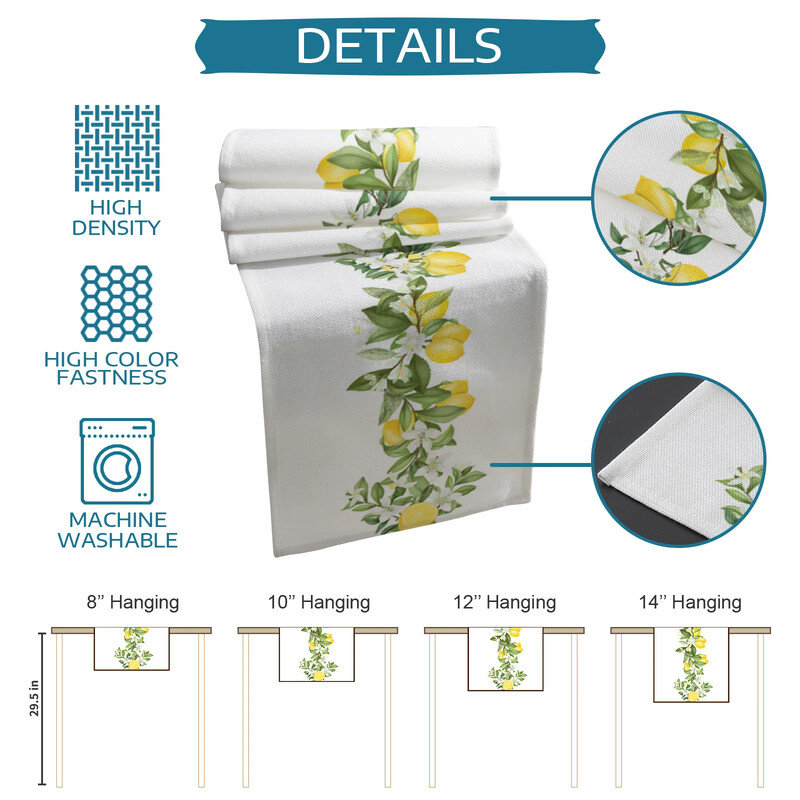 Vasaros citrinos lapai gėlės Lininiai stalo bėgiai Virtuvės stalo apdaila Sodybos valgomojo staltiesė Vestuvių vakarėlio dekoravimas