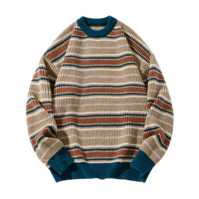 Ριγέ πουλόβερ Ρετρό στυλ Σχέδιο συνδυασμού χρωμάτων τοπ νέο πλεκτό φθινοπώρου και χειμώνα Χοντρό πλέξιμο ζευγάρι χαλαρό στυλ Lazy