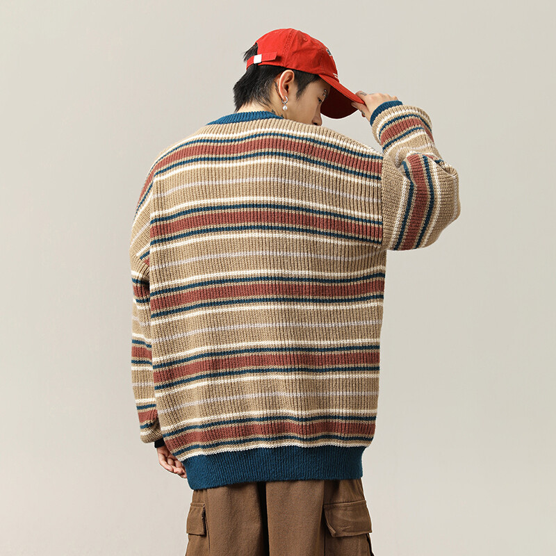 Ριγέ πουλόβερ Ρετρό στυλ Σχέδιο συνδυασμού χρωμάτων τοπ νέο πλεκτό φθινοπώρου και χειμώνα Χοντρό πλέξιμο ζευγάρι χαλαρό στυλ Lazy