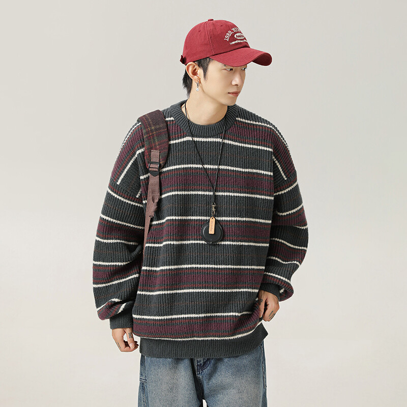 Ριγέ πουλόβερ Ρετρό στυλ Σχέδιο συνδυασμού χρωμάτων τοπ νέο πλεκτό φθινοπώρου και χειμώνα Χοντρό πλέξιμο ζευγάρι χαλαρό στυλ Lazy