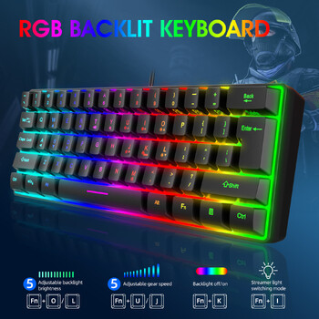 Многоцветни 61 клавиша USB кабел RGB 60% компютърни игри Малки 60 процента клавиатури