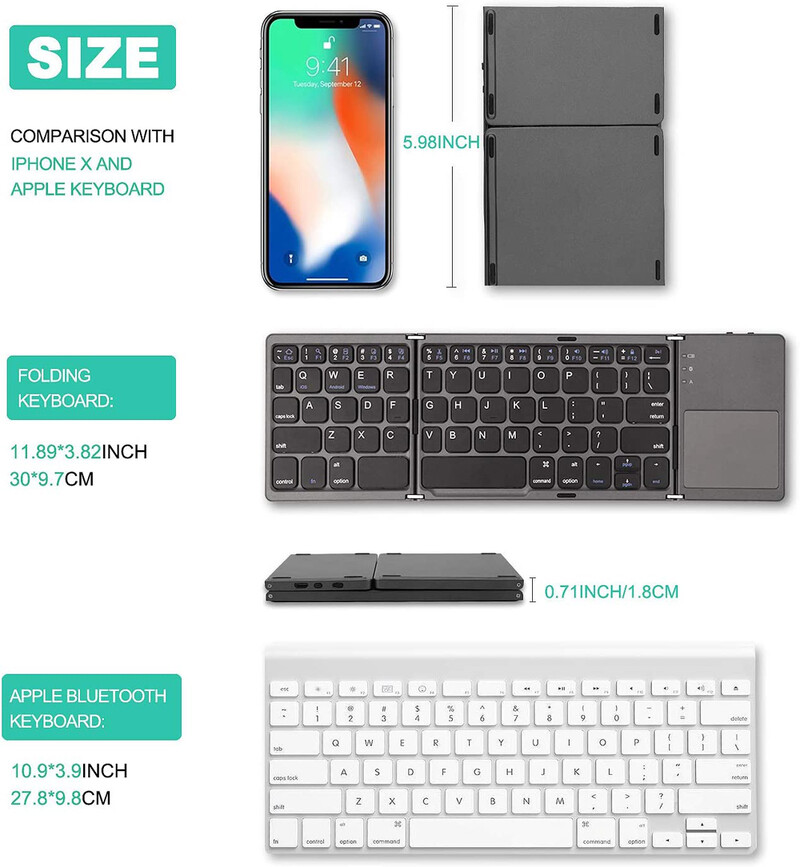 Hordozható mini három összecsukható vezeték nélküli Bluetooth billentyűzet, összecsukható érintőpad billentyűzet IOS Android Windows ipad táblagéphez