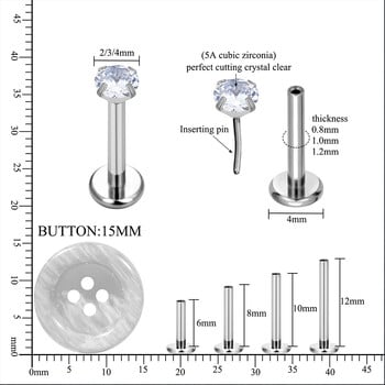 10PCS ASTM F136 G23 Титаниев пиърсинг Labret Lip Ring Stud Earring CZ Ear Tragus хрущял Helix Daith Pierc Jewelry 16/18/20g