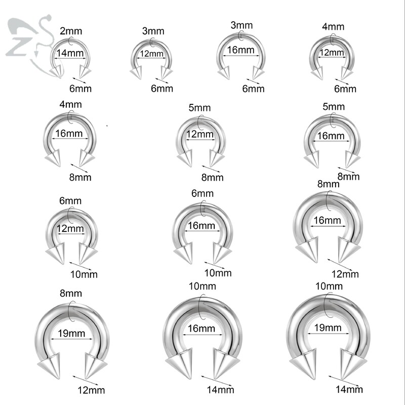 Piercing do nosa s vnútorným závitom, septum, nosový krúžok do ucha, 1 ks, 2/4/6/8G, kužeľ z nehrdzavejúcej ocele, veľký, s hrotmi a podkovou.