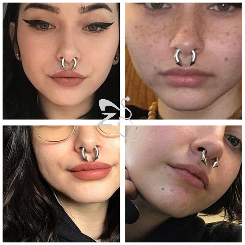 Piercing do nosa s vnútorným závitom, septum, nosový krúžok do ucha, 1 ks, 2/4/6/8G, kužeľ z nehrdzavejúcej ocele, veľký, s hrotmi a podkovou.