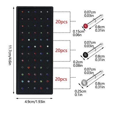 40/60 vnt./rinkinys Crystal nerūdijančio plieno nosies auskarų vėrimo paketas Tiesus nosies žiedo rinkinys L Nosies smeigtukas Auskarų vėrimas Titanium Helix Kūno papuošalai