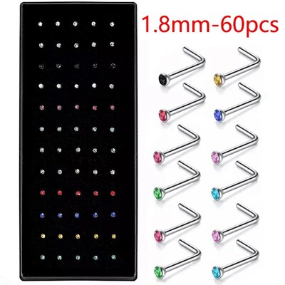 40/60 vnt./rinkinys Crystal nerūdijančio plieno nosies auskarų vėrimo paketas Tiesus nosies žiedo rinkinys L Nosies smeigtukas Auskarų vėrimas Titanium Helix Kūno papuošalai