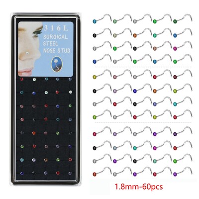 40/60 vnt./rinkinys Crystal nerūdijančio plieno nosies auskarų vėrimo paketas Tiesus nosies žiedo rinkinys L Nosies smeigtukas Auskarų vėrimas Titanium Helix Kūno papuošalai