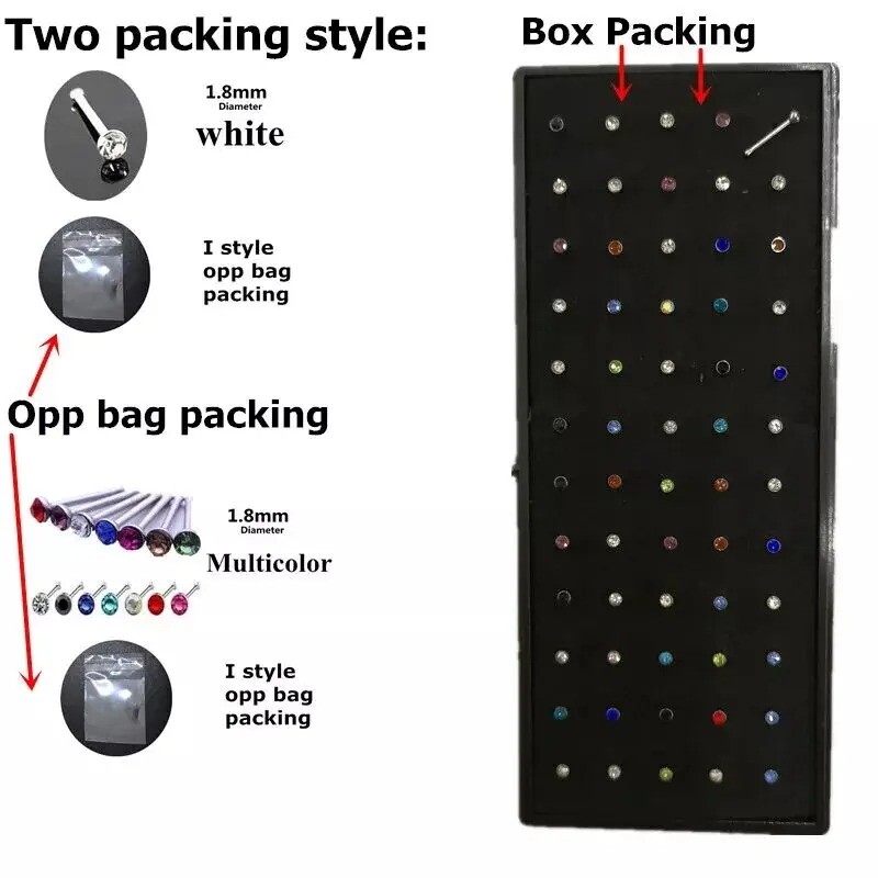 40/60 vnt./rinkinys Crystal nerūdijančio plieno nosies auskarų vėrimo paketas Tiesus nosies žiedo rinkinys L Nosies smeigtukas Auskarų vėrimas Titanium Helix Kūno papuošalai