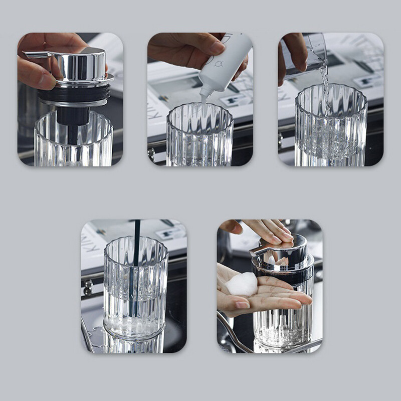 Rankoms putojantis muilo dozatorius, skirtas vonios kambariui skysto muilo putėsių buteliukas, pripildomas virtuvės stumdomas indų muilo indelis