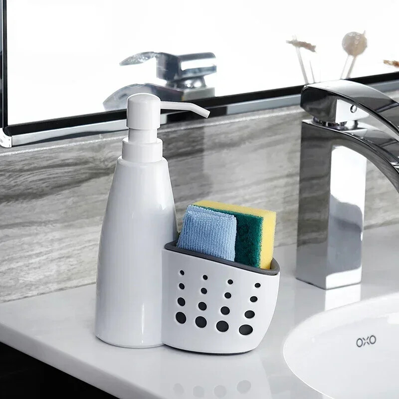 Daugiafunkcis skysčių dozatorius namų ploviklio laikymo dėžutė kempinė išleidimo stovo talpykla drenažo padėklo muilo indų laikiklis 2 viename