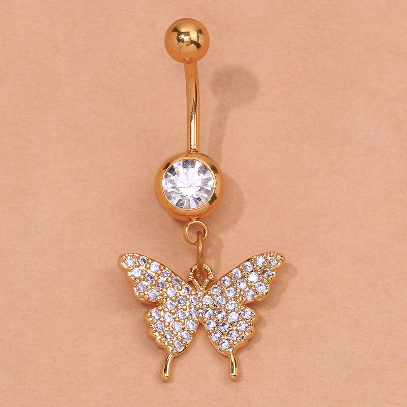 Szexi csípős szív pillangós köldökgyűrűk női arany színű fém fehér strassz köldök köldök köröm testpiercingek ékszerek