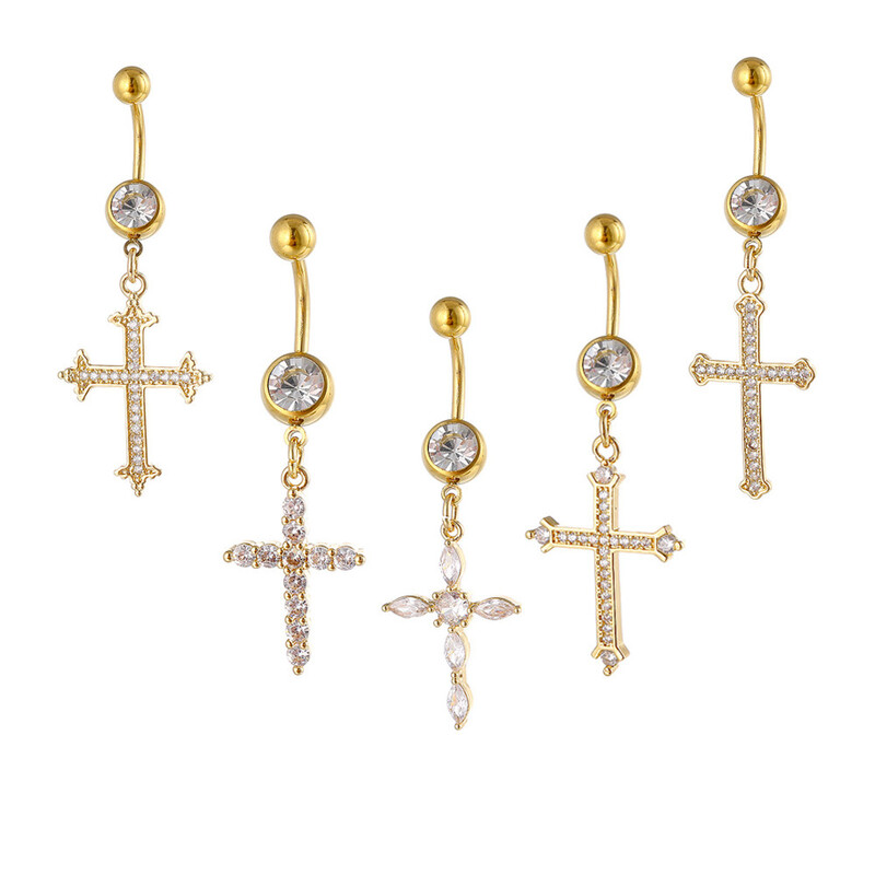 Pandantive cu cruce norocoasă Inele pentru buric pentru femei Bikini de plajă de vară de culoare aurie Zircon alb pentru buric Piercing pentru unghii Bijuterii