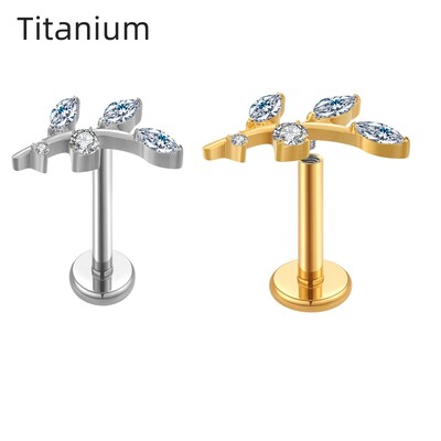 1Gb titāna lapu Labret Stud pīrsings lūpu gredzens CZ Clear Gem Crystal Body Jewelry Auskars ASTM F136 16G stieņa iekšējais pavediens