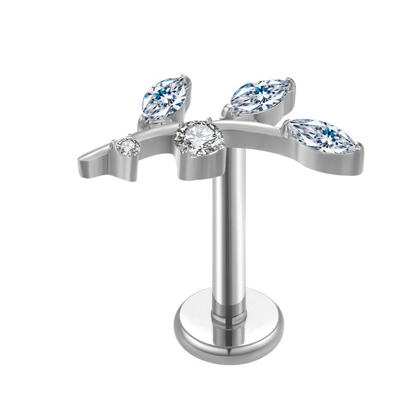 1db Titán Leaf Labret Stud Piercing ajakgyűrű CZ Clear Gem Crystal Body Body ékszer fülbevaló ASTM F136 16G Bar belső menet