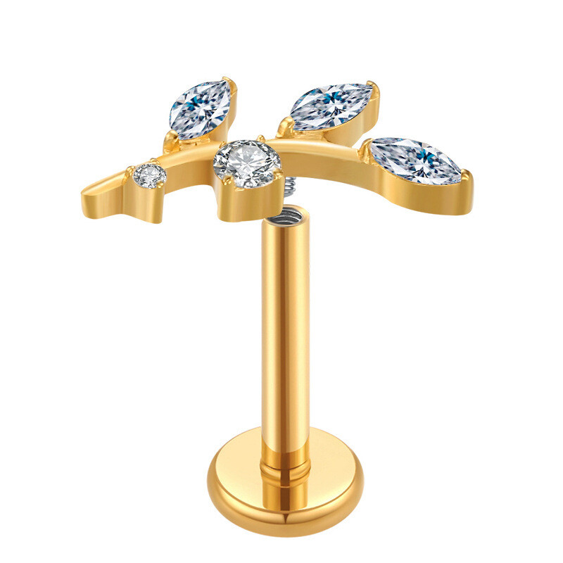 1db Titán Leaf Labret Stud Piercing ajakgyűrű CZ Clear Gem Crystal Body Body ékszer fülbevaló ASTM F136 16G Bar belső menet