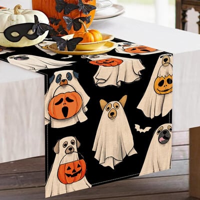 Ghost Dog Table Runner Хелоуин Фенер Тиквен прилеп Декорация на кухненска трапезна маса Декорация на кухненска трапезна маса Може да се мие